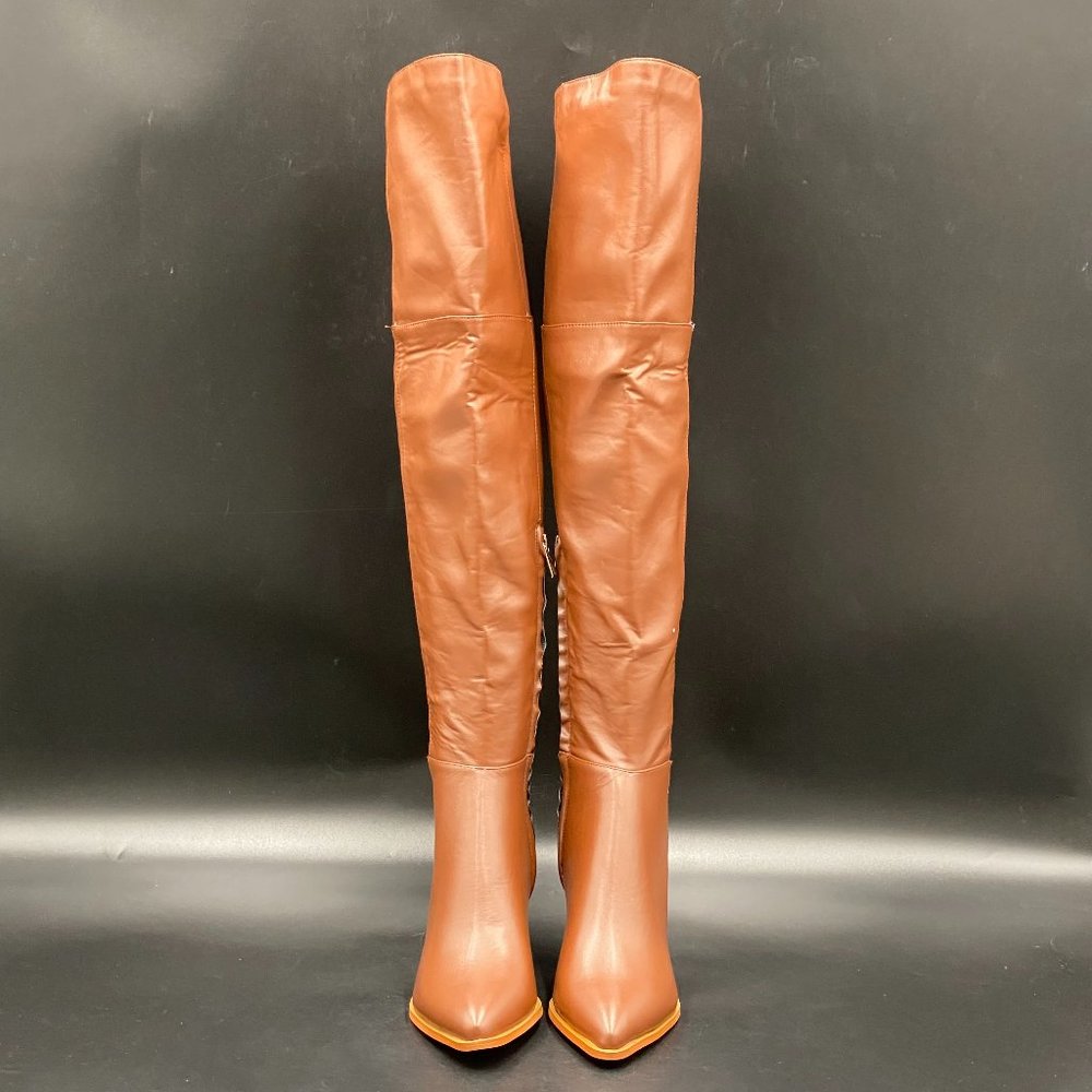 FSJ Brown Pointed Closed Toe Chunky Thick Low Heel Over The Knee Booties